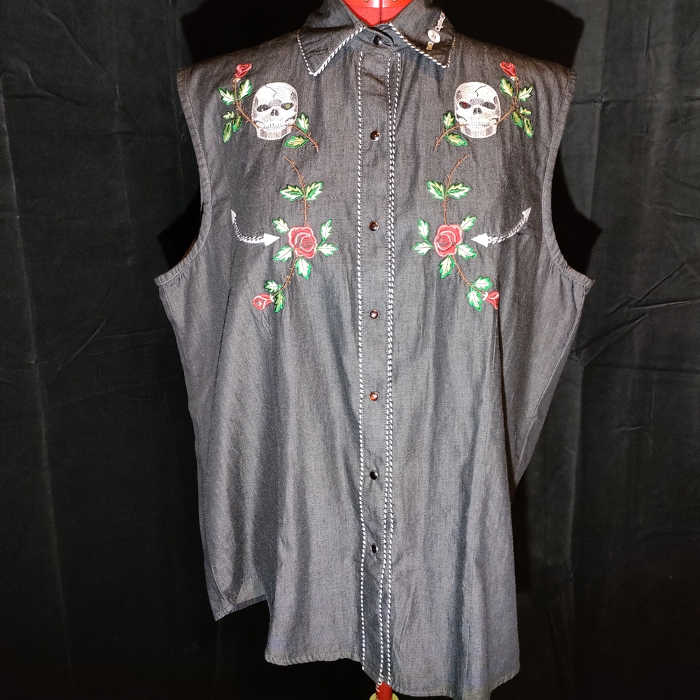 Embroidered Skull and Rose Button Down Shirt